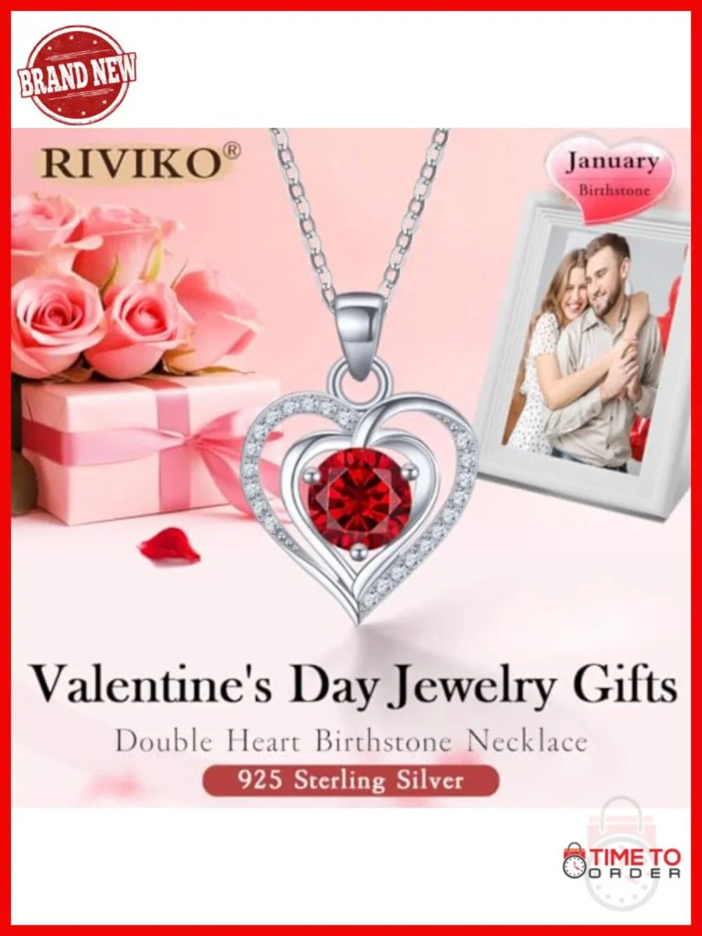 925 Sterling Silver Birthstone Pendant Necklace for Women Double Heart Zirconia